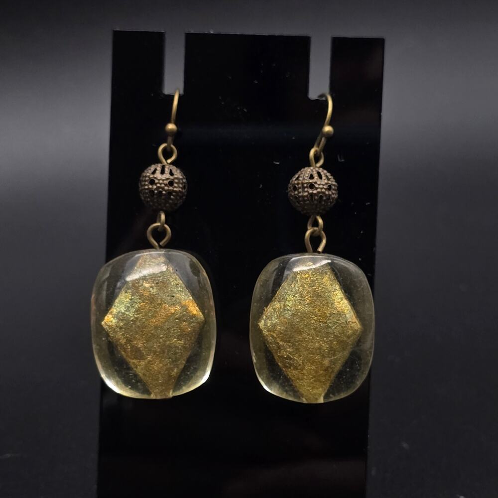 Premier Designs Barcelona Earrings Gold Foil Dangle Gold Tone Pierced Acrylic